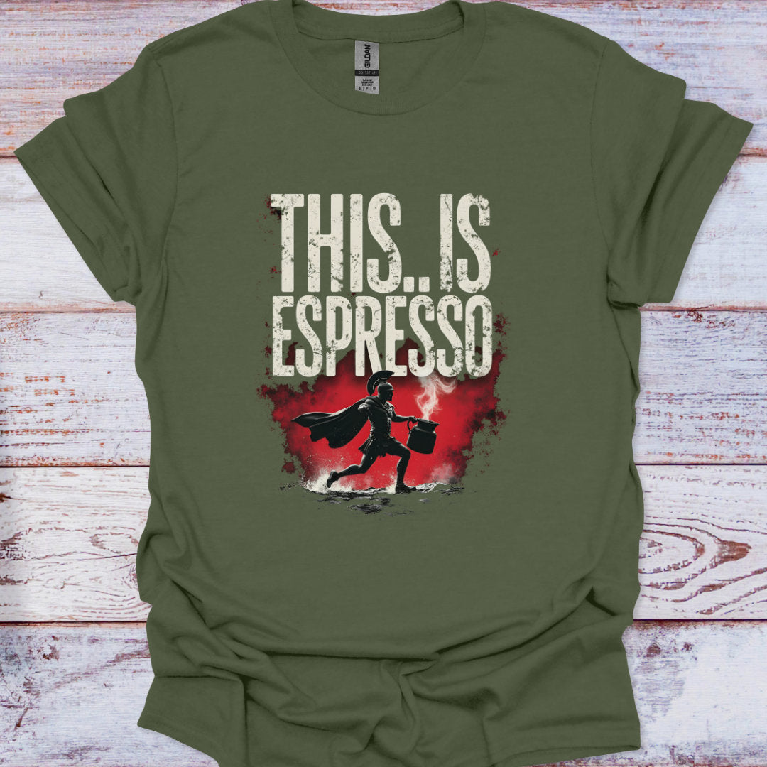 Green t-shirt with 'THIS.. IS ESPRESSO' text and superhero graphic on a wooden surface