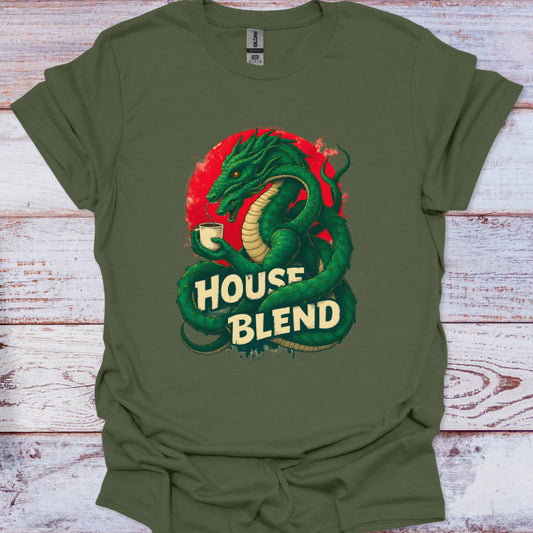 Green t-shirt with a snake graphic and 'House Blend' text on a wooden surface