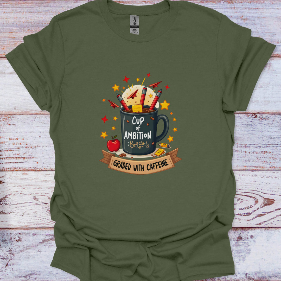 Green t-shirt with a graphic of a mug labeled 'Cup of Ambition' on a wooden surface