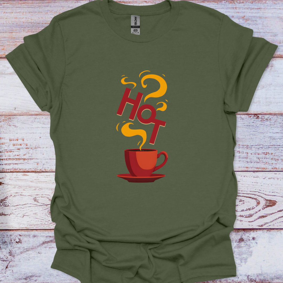 Green t-shirt with a red coffee cup and 'HOT' text on a wooden surface