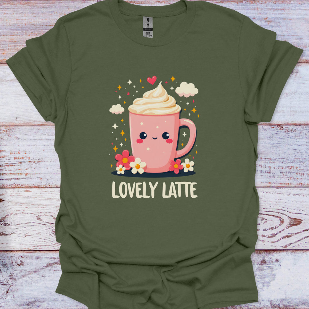 Green t-shirt with a 'Lovely Latte' design featuring a pink coffee cup on a wooden surface.