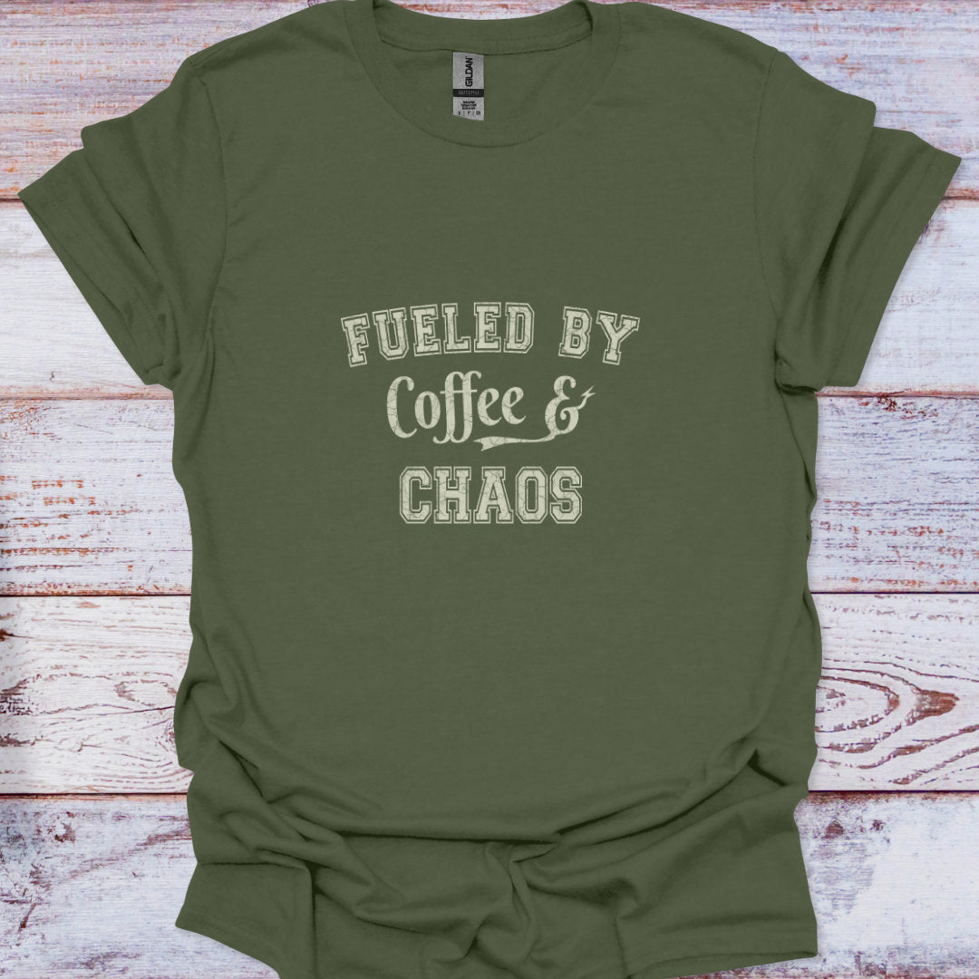 Military Green t-shirt featuring Fueled By Coffee & Chaos text in distressed varsity lettering, funny sarcastic style.