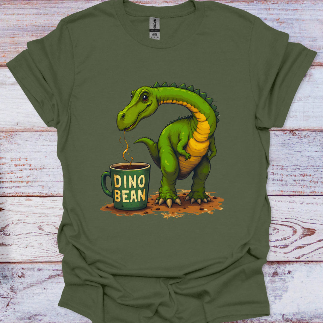 Green t-shirt with a dinosaur drinking from a 'Dino Bean' mug on a wooden surface