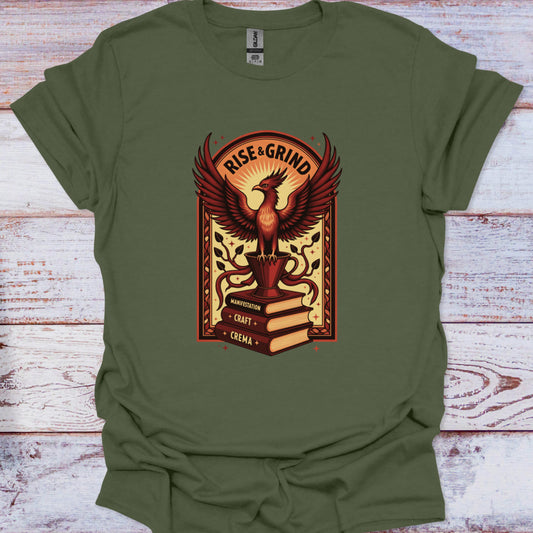 Green t-shirt with a phoenix design and text on a wooden surface