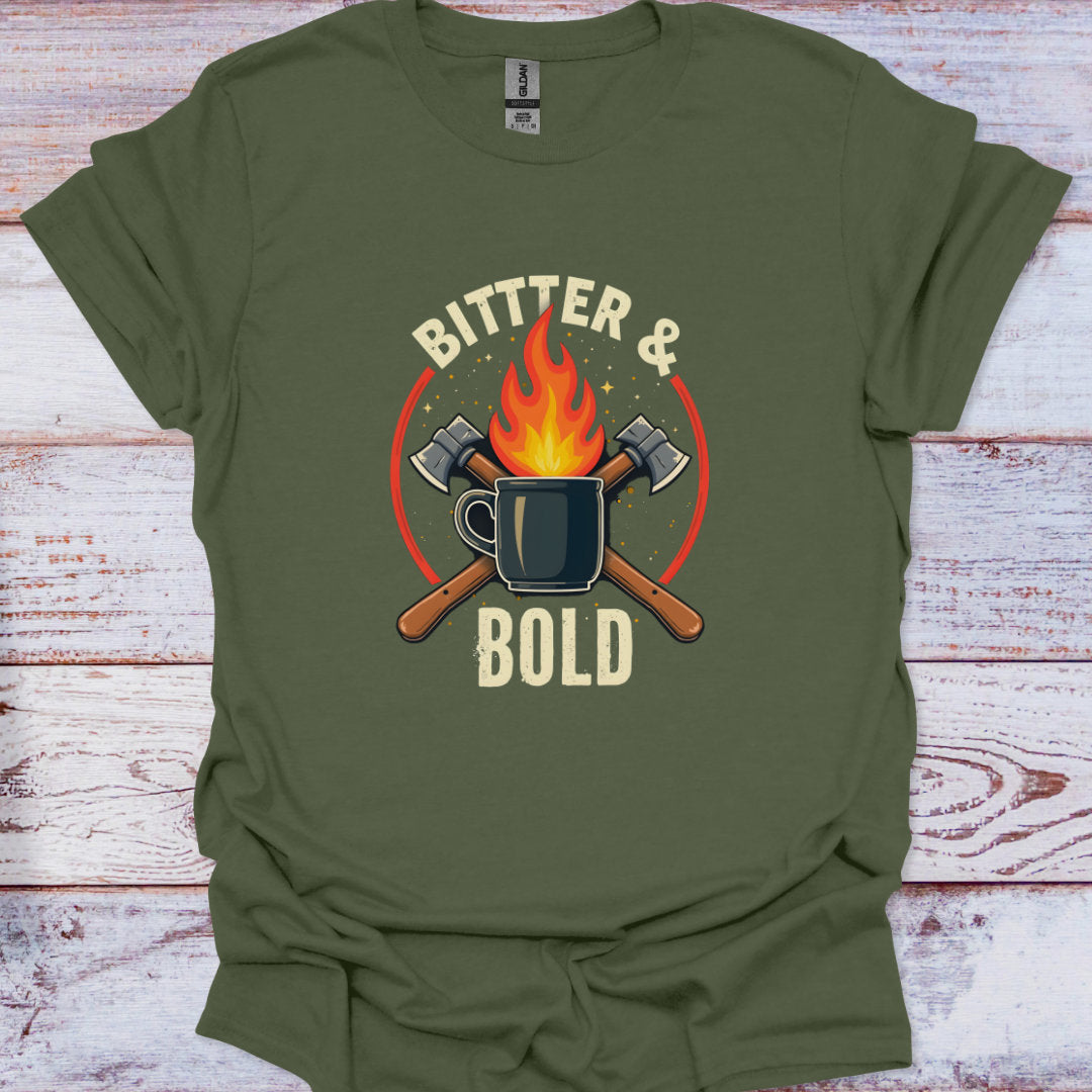 Green t-shirt with 'Bitter & Bold' graphic design on a wooden surface