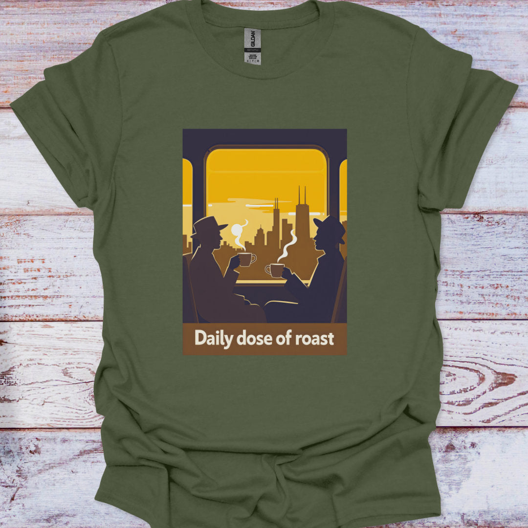 Green t-shirt with graphic design of two people on a train looking at a cityscape with 'Daily dose of roast' text.