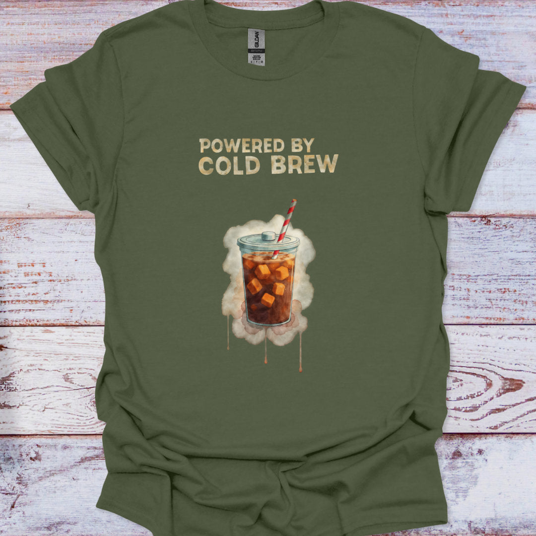 Green t-shirt with 'Powered by Cold Brew' text and coffee graphic on a wooden surface
