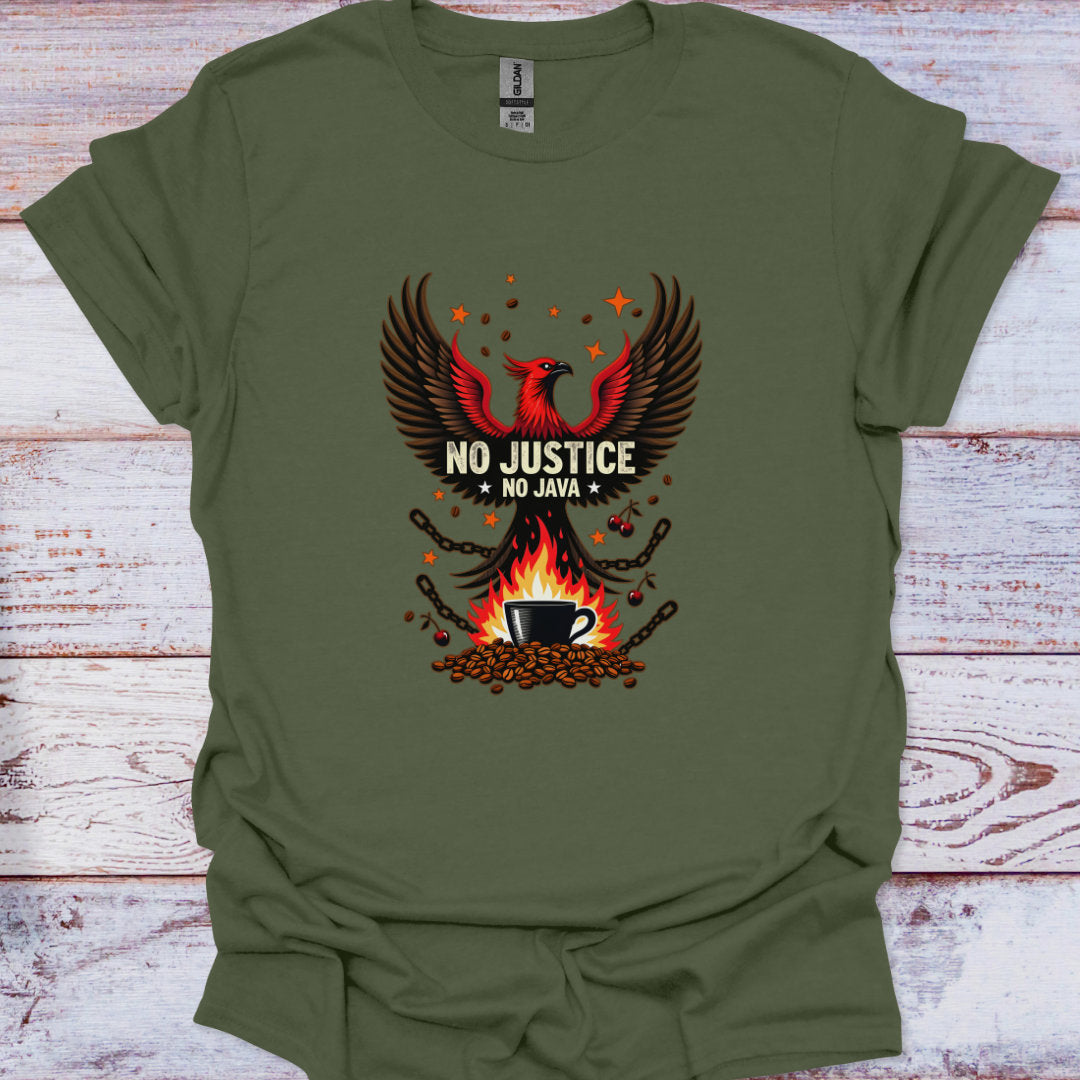 Green t-shirt with a graphic design featuring a birds, a coffee cup, and text on a wooden surface.