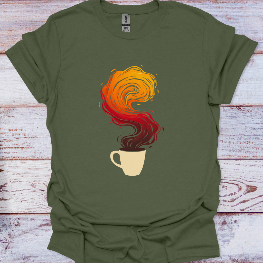 Green t-shirt with a graphic of a steaming coffee cup on a wooden surface