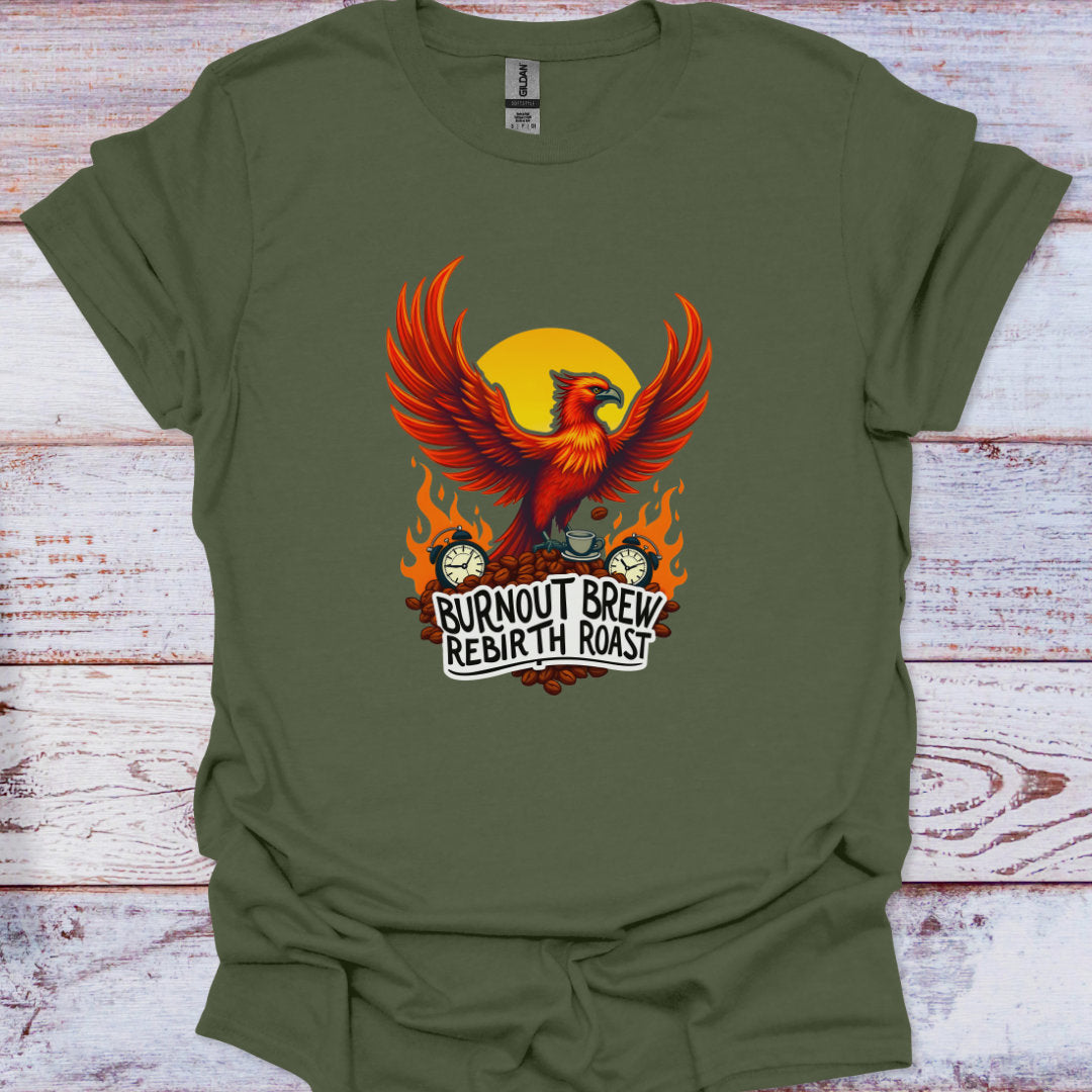 Green t-shirt with a phoenix design and text on a wooden surface