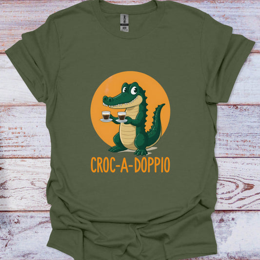 Green t-shirt with a cartoon crocodile holding coffee cups and 'Croc-A-Doppio' text on an orange circle background.