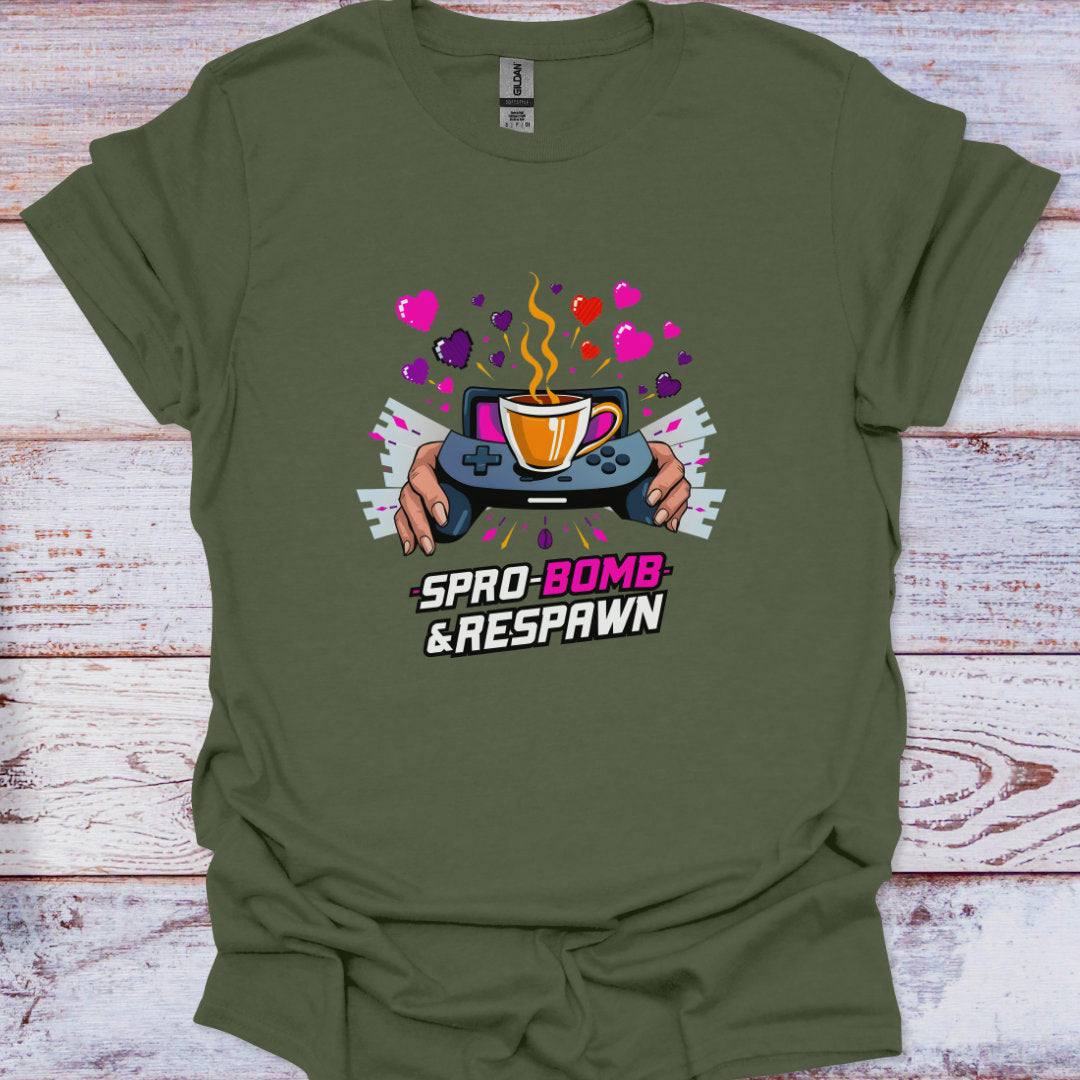Green t-shirt with a graphic design of a coffee cup and gaming controller on a wooden surface