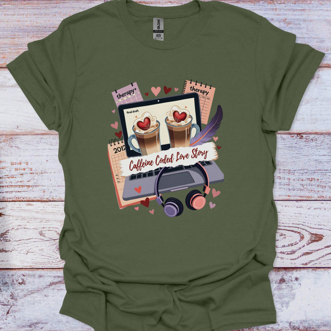 Green t-shirt with a graphic design of a laptop, coffee cups, and headphones on a wooden surface.