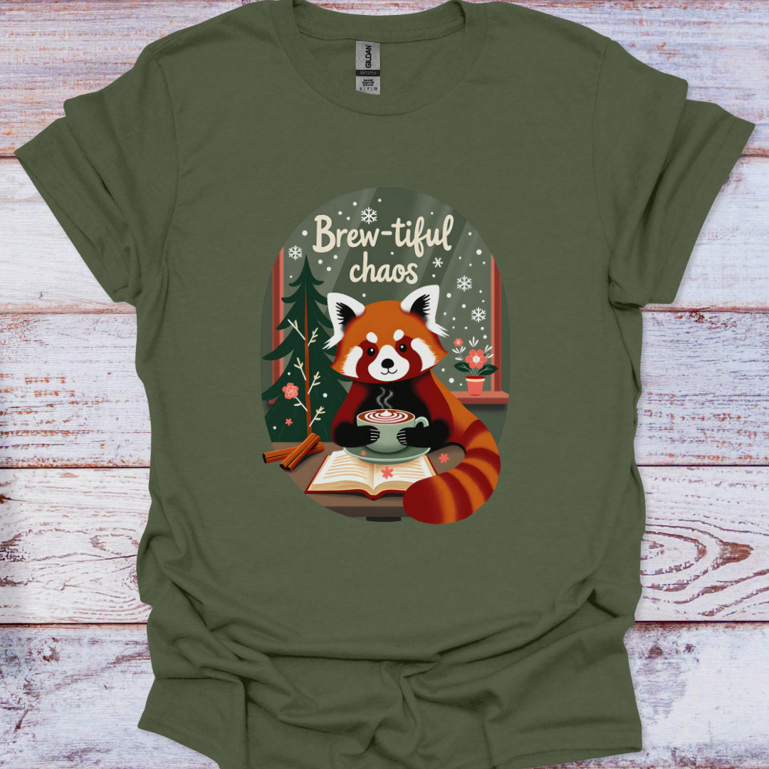 Green t-shirt with a red panda and coffee cup design on a wooden surface