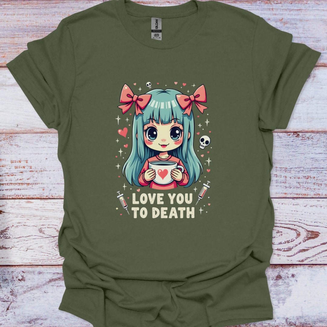 Green t-shirt with a graphic of a character holding a cup and text 'Love You to Death' on a wooden surface.