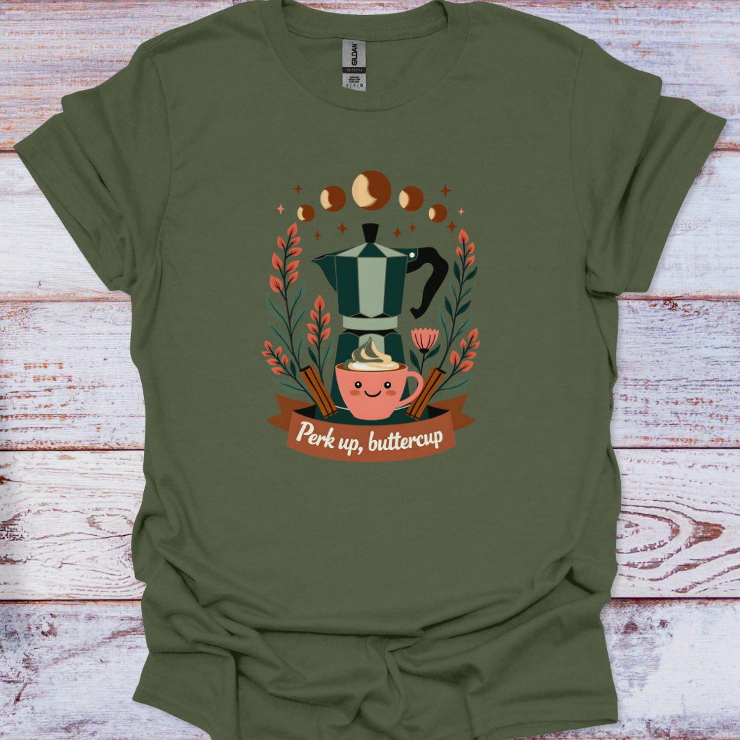 Green t-shirt with a coffee-themed graphic and text 'Perk up, buttercup' on a wooden surface.