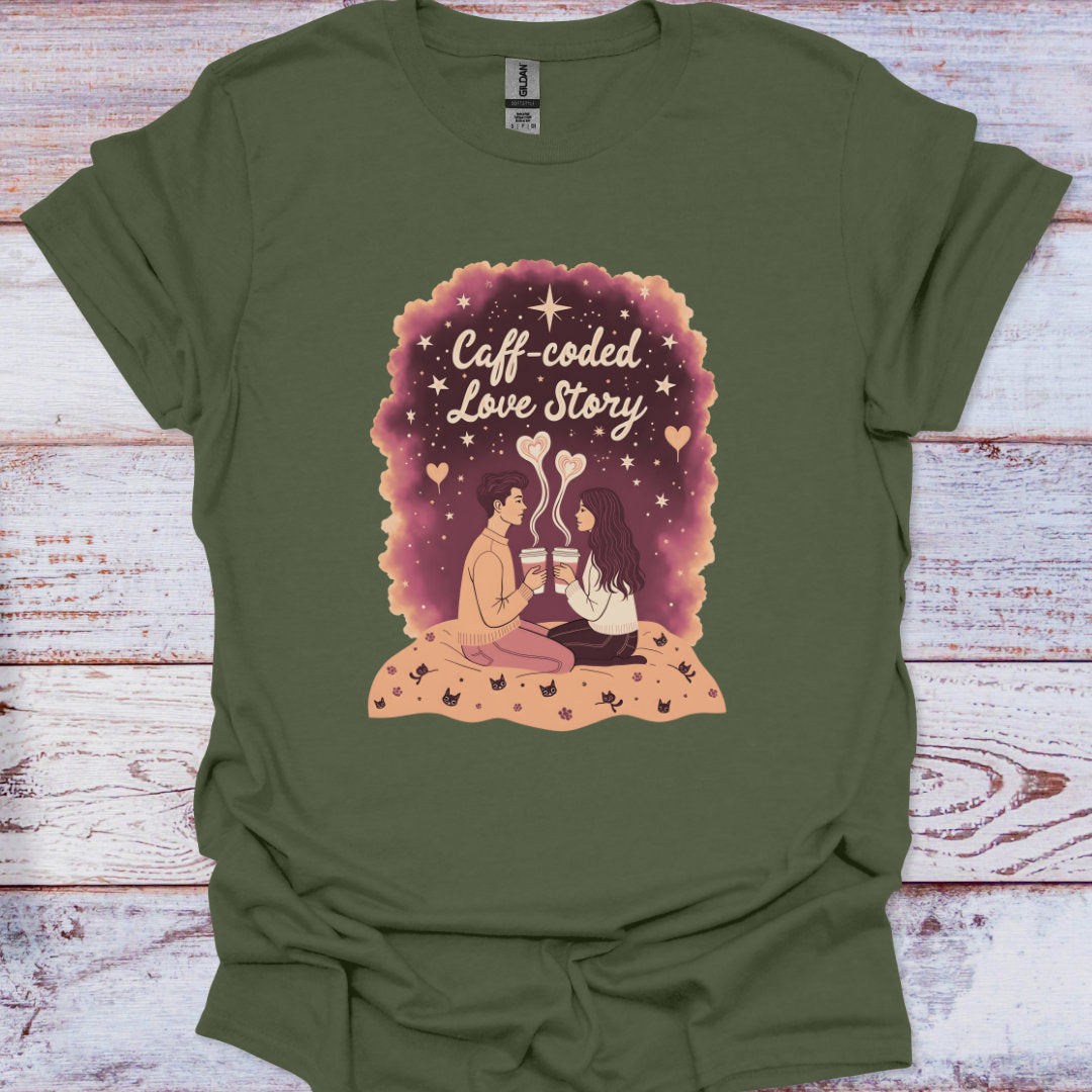 Green t-shirt with 'Caff-coded Love Story' graphic on a wooden surface