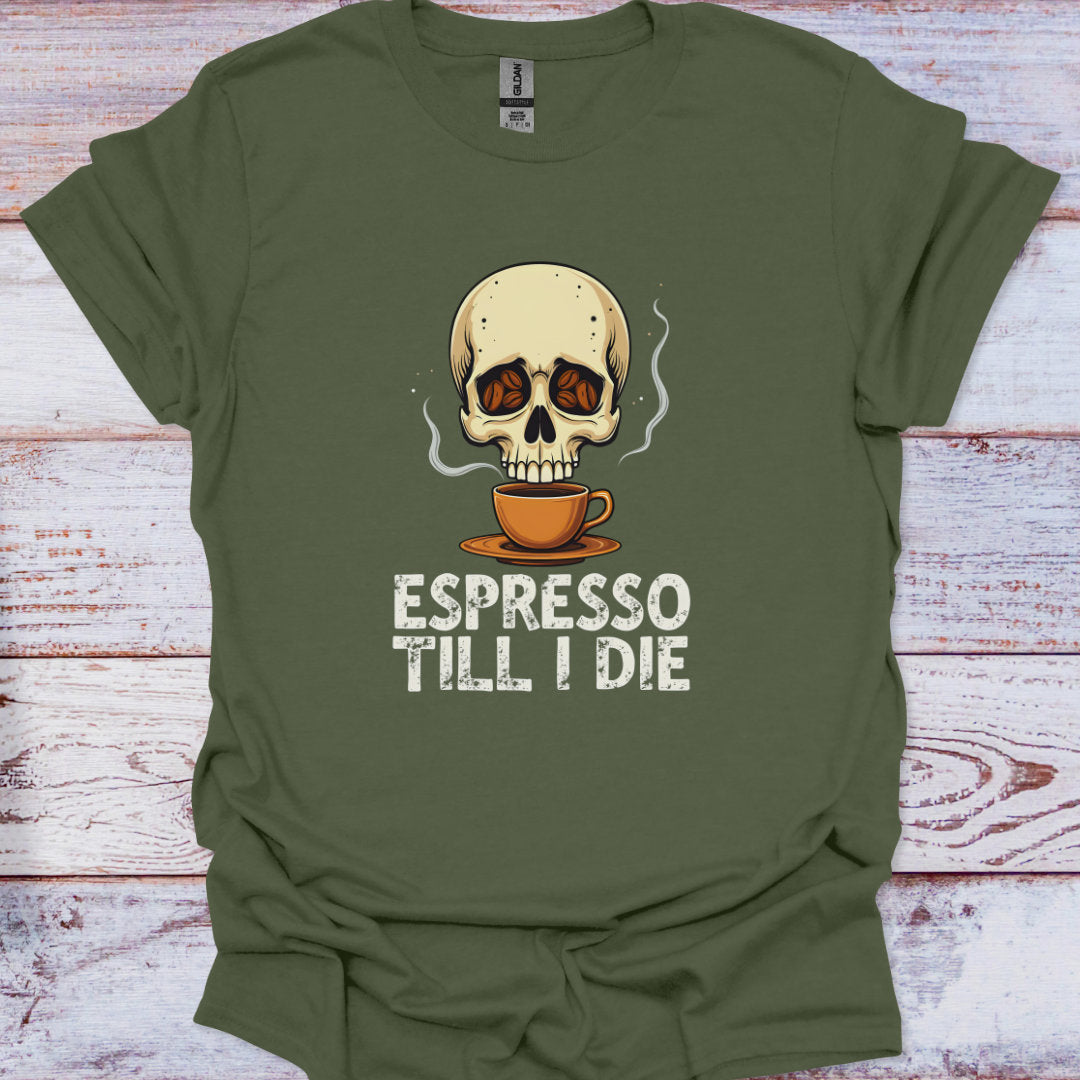 Green t-shirt with a skull and coffee cup graphic and 'Espresso Till I Die' text on a wooden surface.