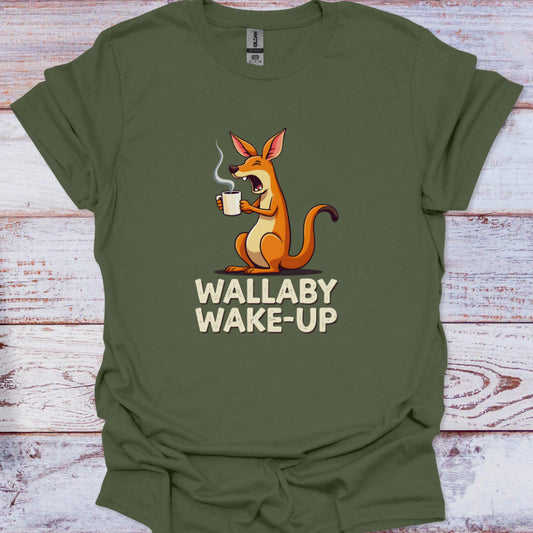 Green t-shirt with a cartoon Wallaby and 'Wallaby Wake-Up' text on a wooden surface