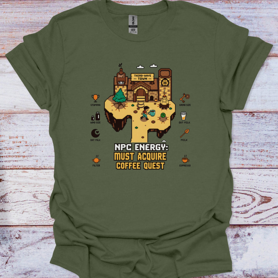 Green t-shirt with a graphic design on a wooden surface