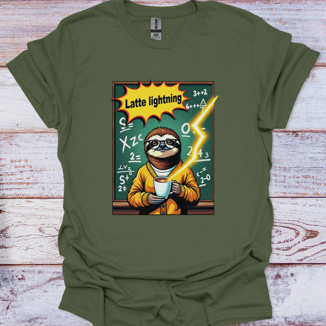 Green t-shirt with a sloth holding a cup and 'Latte lightning' text on a chalkboard background.