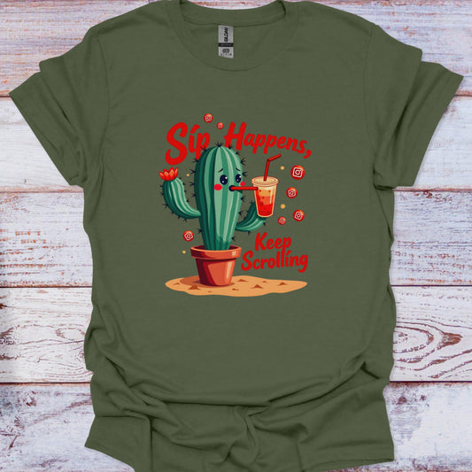 Green t-shirt with a cactus graphic and text on a wooden surface