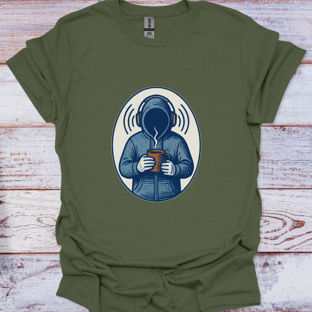 Green t-shirt with a graphic of a person in headphones drinking from a cup on a wooden surface.