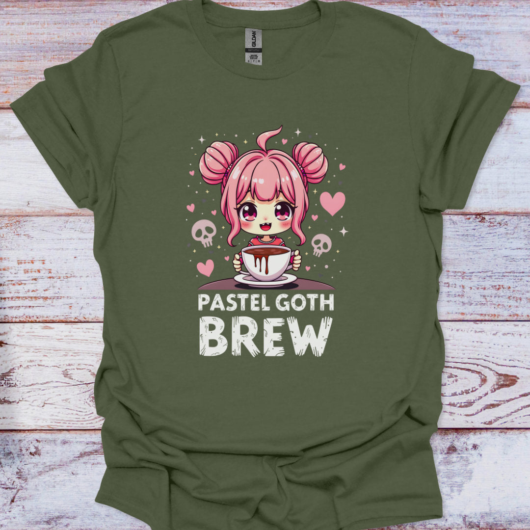 Green t-shirt with a pastel goth design featuring a character with pink hair and a cup of coffee on a wooden surface.