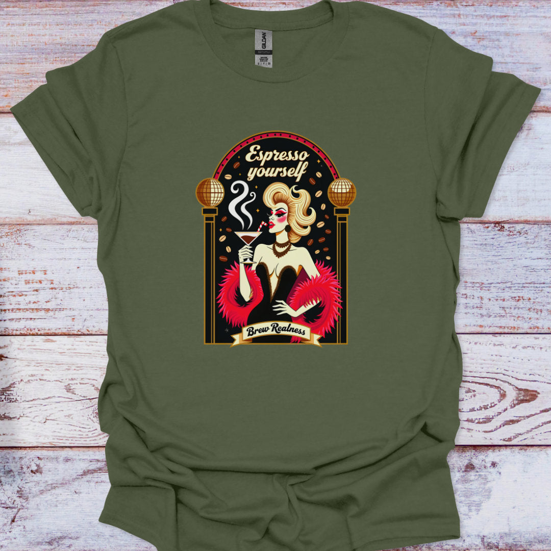 Green t-shirt with a graphic design of a woman holding a coffee cup on a wooden surface.