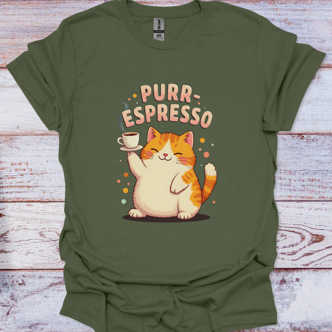 Green t-shirt with a cat holding a coffee cup and 'Purr-Espresso' text on a wooden surface.