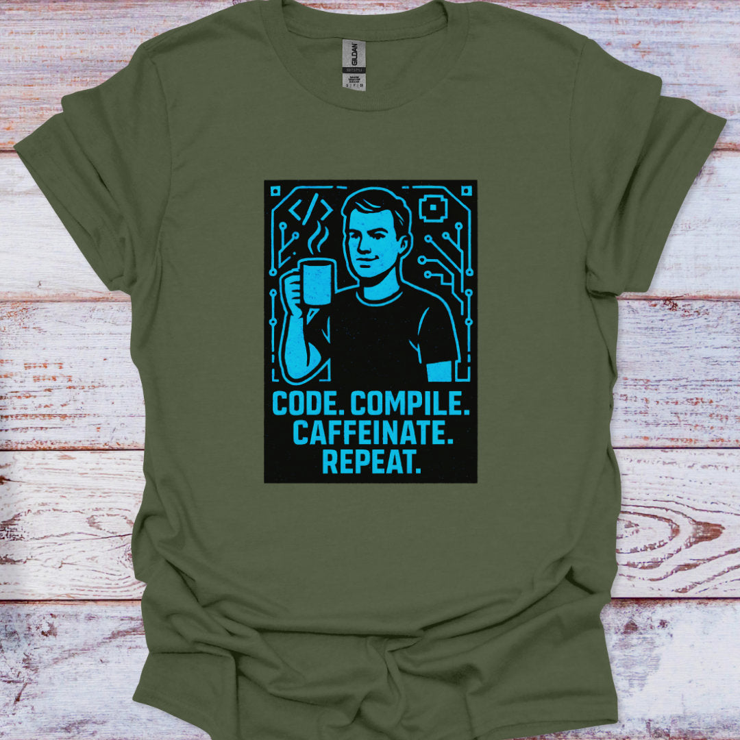 Green t-shirt with a graphic of a person holding a coffee cup and text 'Code. Compile.