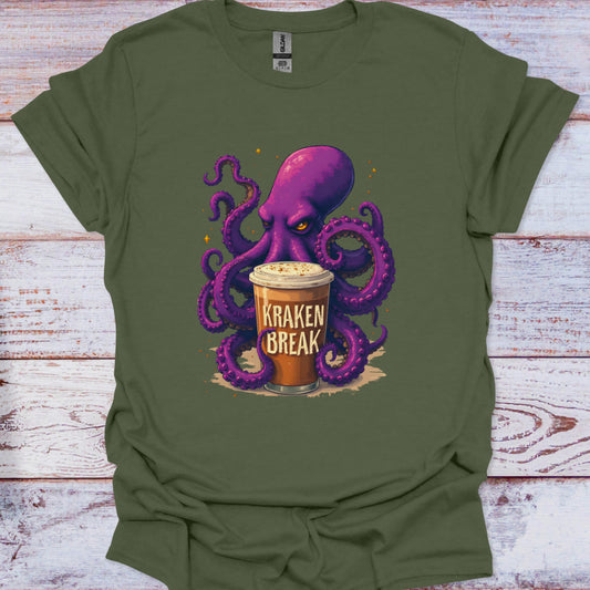 Green t-shirt with a purple octopus holding a Kraken Break cup on a wooden surface