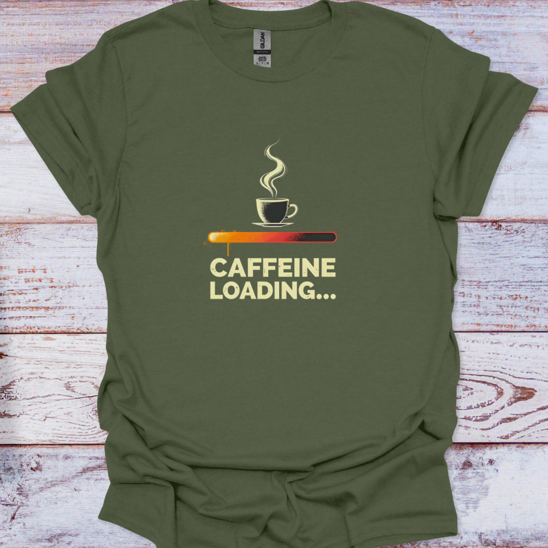 Green t-shirt with 'Caffeine Loading...' graphic on a wooden surface