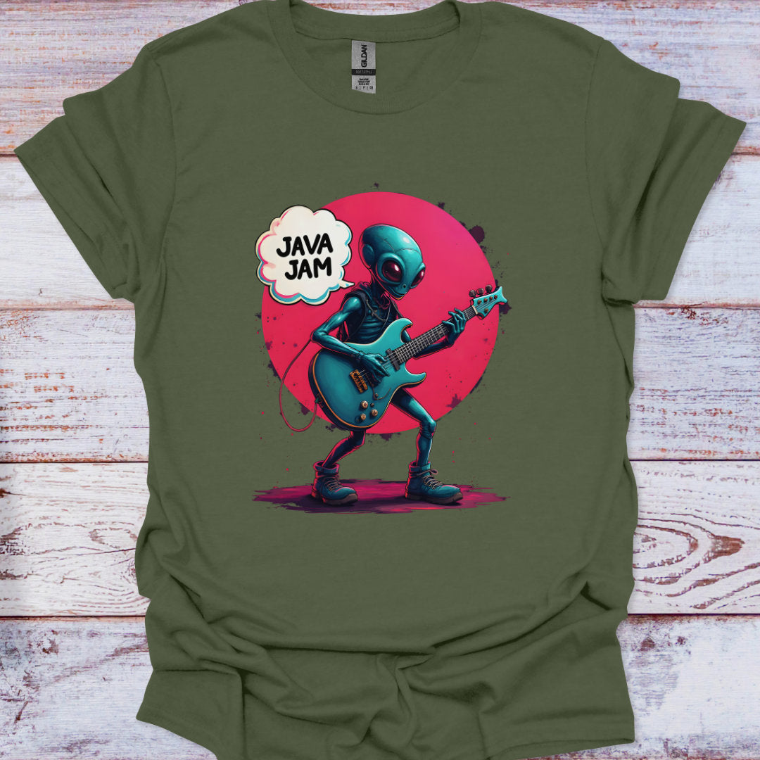 Green t-shirt with an alien playing guitar and 'Java Jam' text on a wooden surface