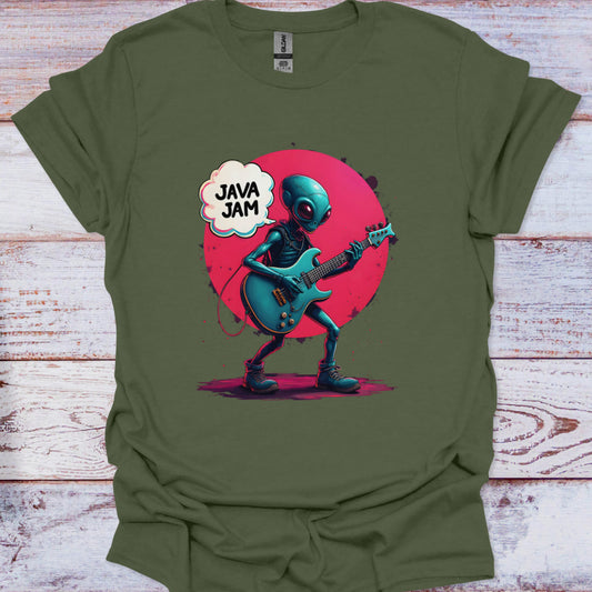 Green t-shirt with an alien playing guitar and 'Java Jam' text on a wooden surface