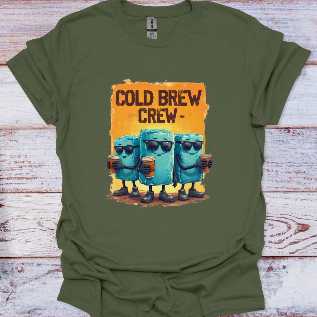 Green t-shirt with 'Cold Brew Crew' graphic on a wooden surface