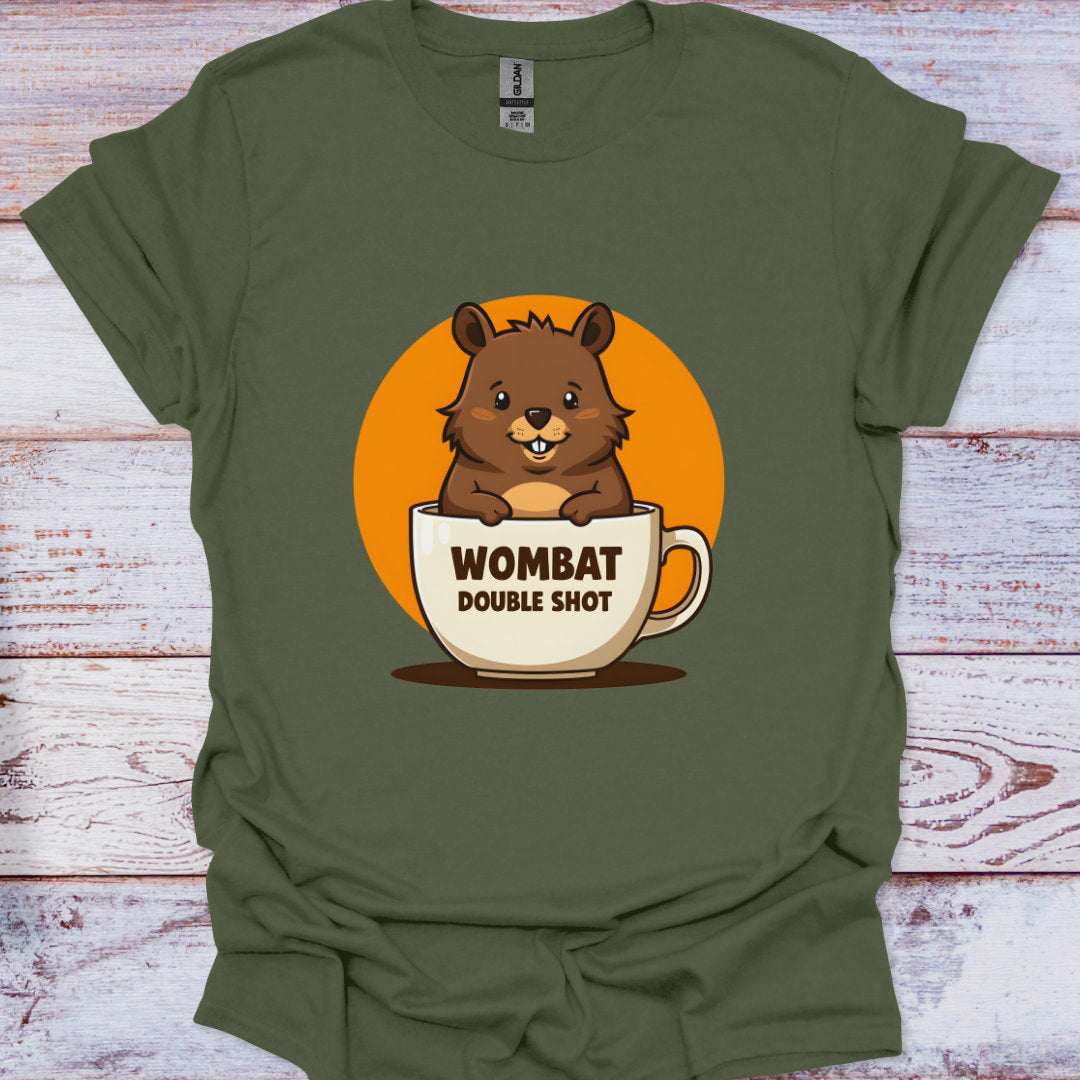 Green t-shirt with a cartoon wombat in a coffee cup on an orange background