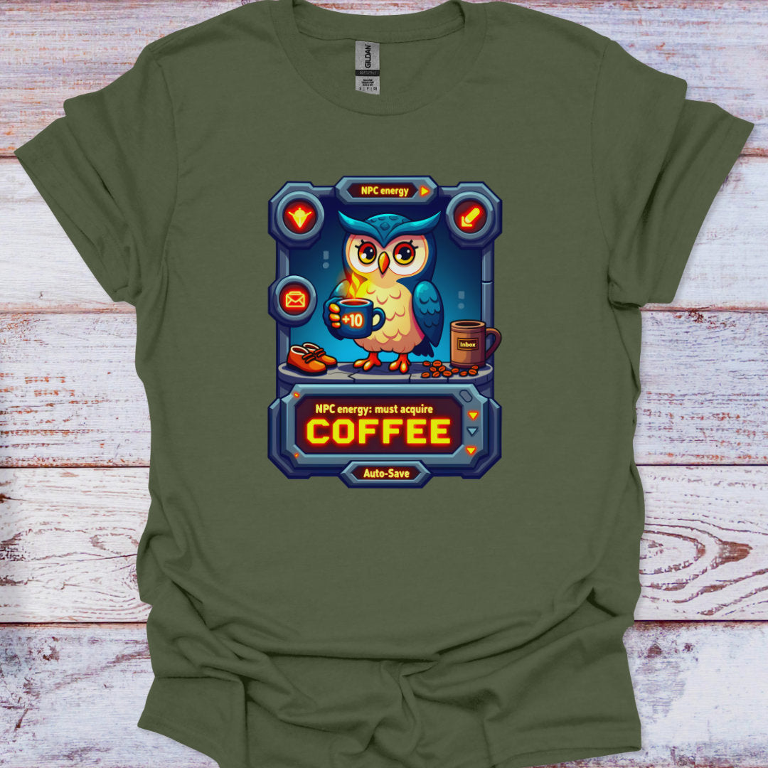 Green t-shirt with a cartoon owl character holding a coffee cup on a wooden surface
