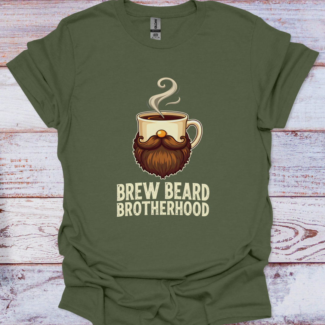 Green t-shirt with a coffee cup and beard graphic and 'Brew Beard Brotherhood' text on a wooden surface.