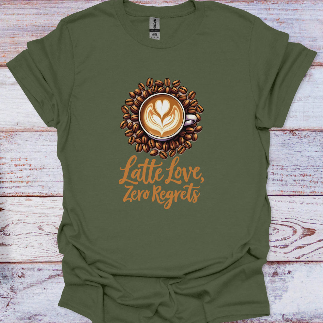 Green t-shirt with a coffee-themed design and text on a wooden surface