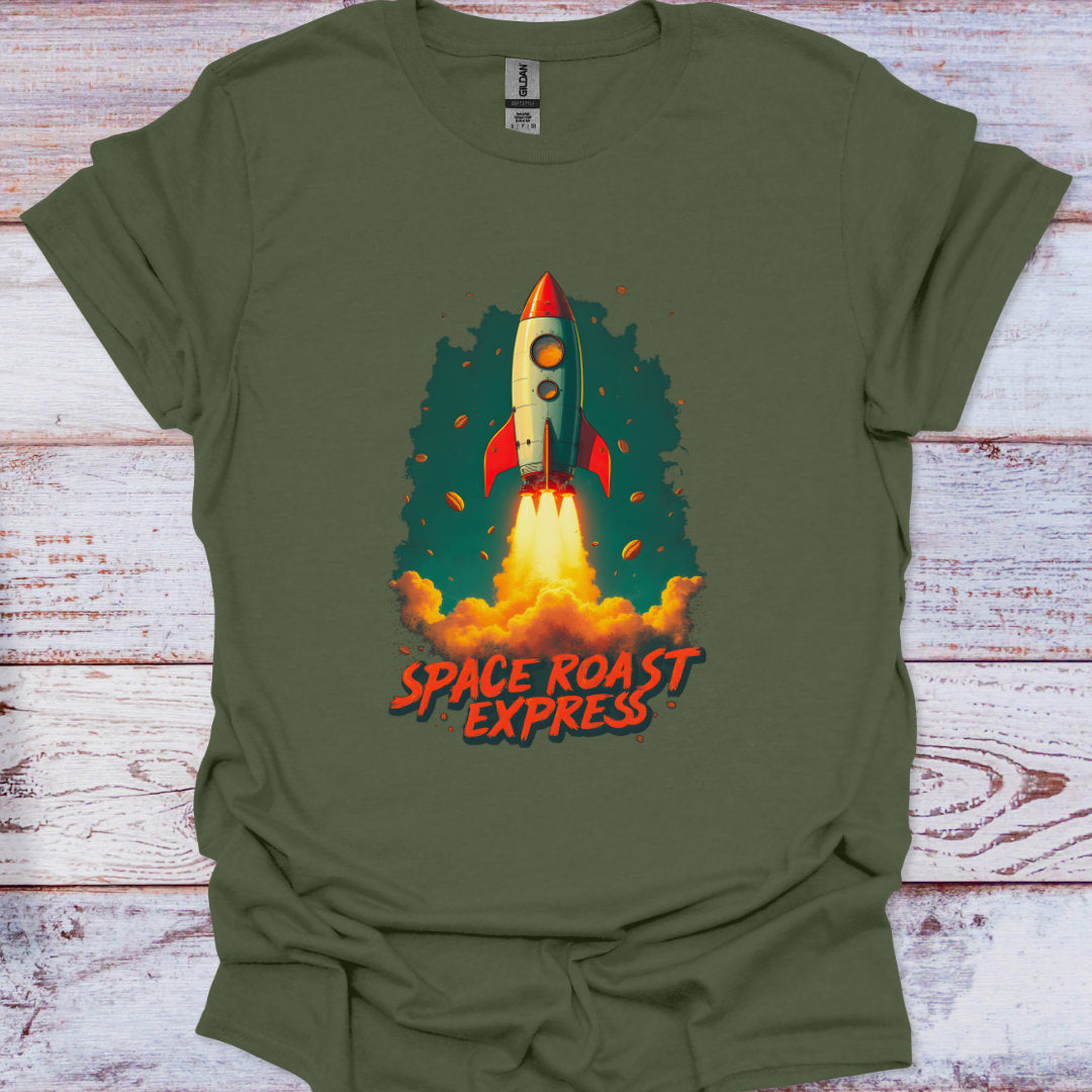 Green t-shirt with a rocket graphic and 'Space Roast Express' text on a wooden surface