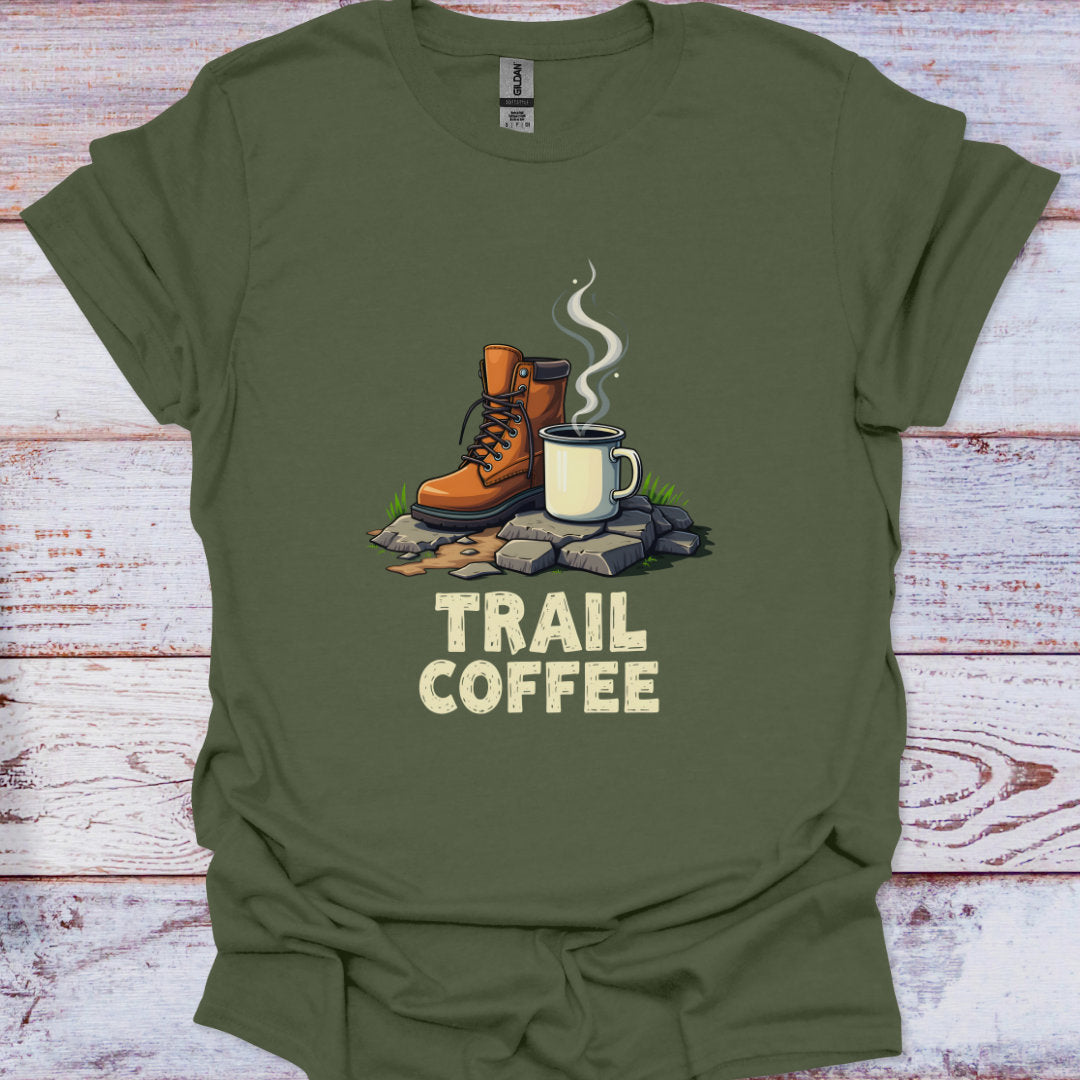 Green t-shirt with 'Trail Coffee' graphic featuring hiking boots and a mug on a wooden surface