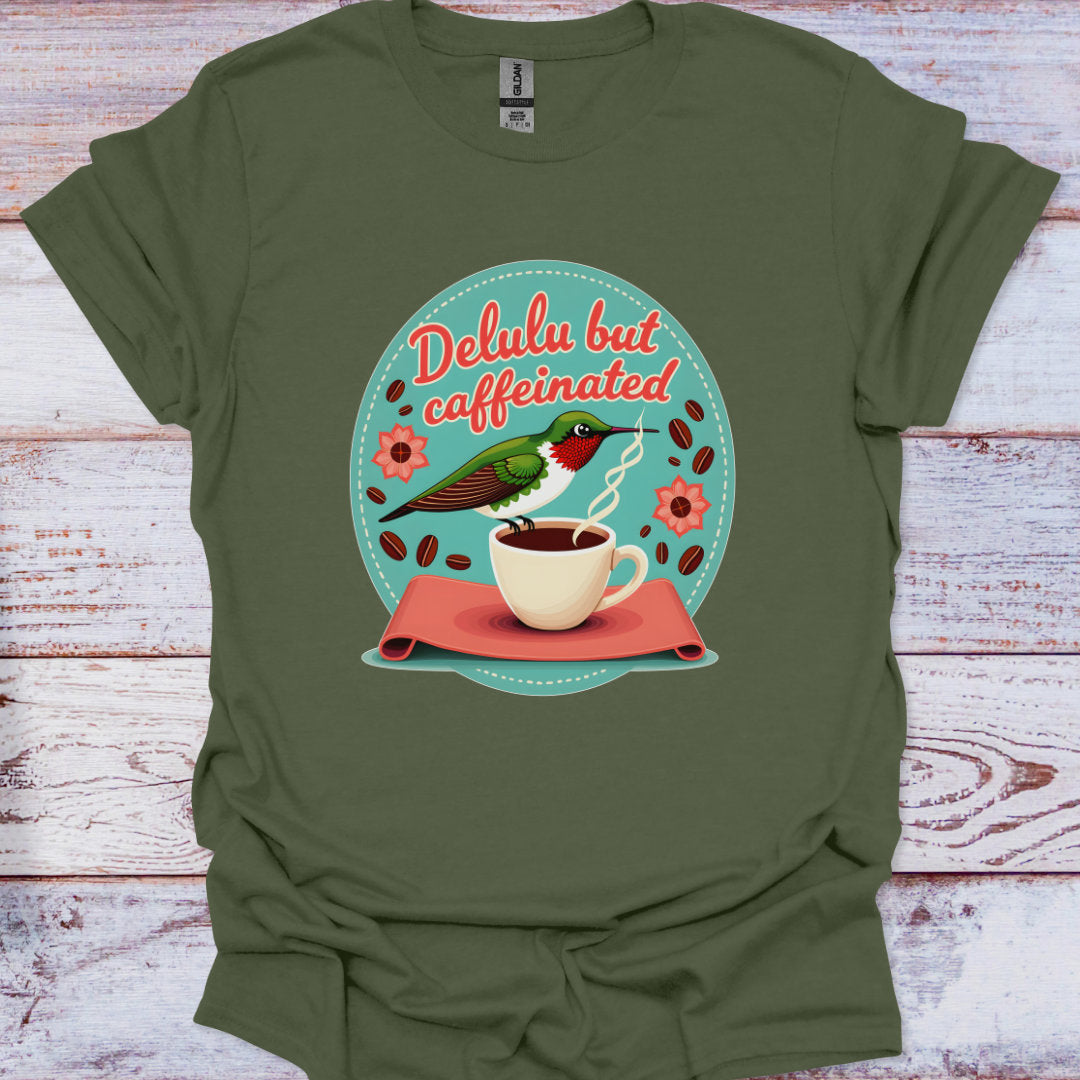 Green t-shirt with a coffee-themed graphic and text on a wooden surface