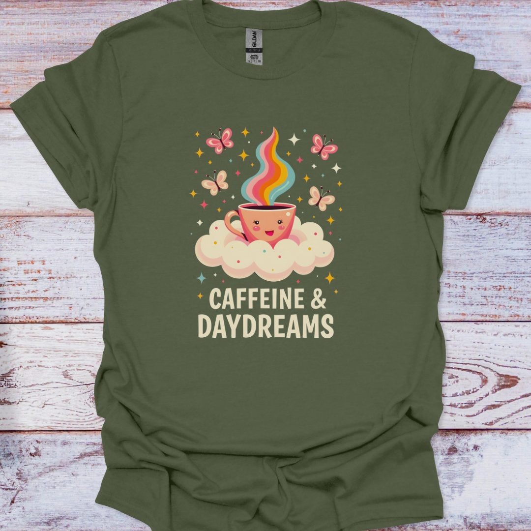 Green t-shirt with a coffee cup graphic and 'Caffeine & Daydreams' text on a wooden surface