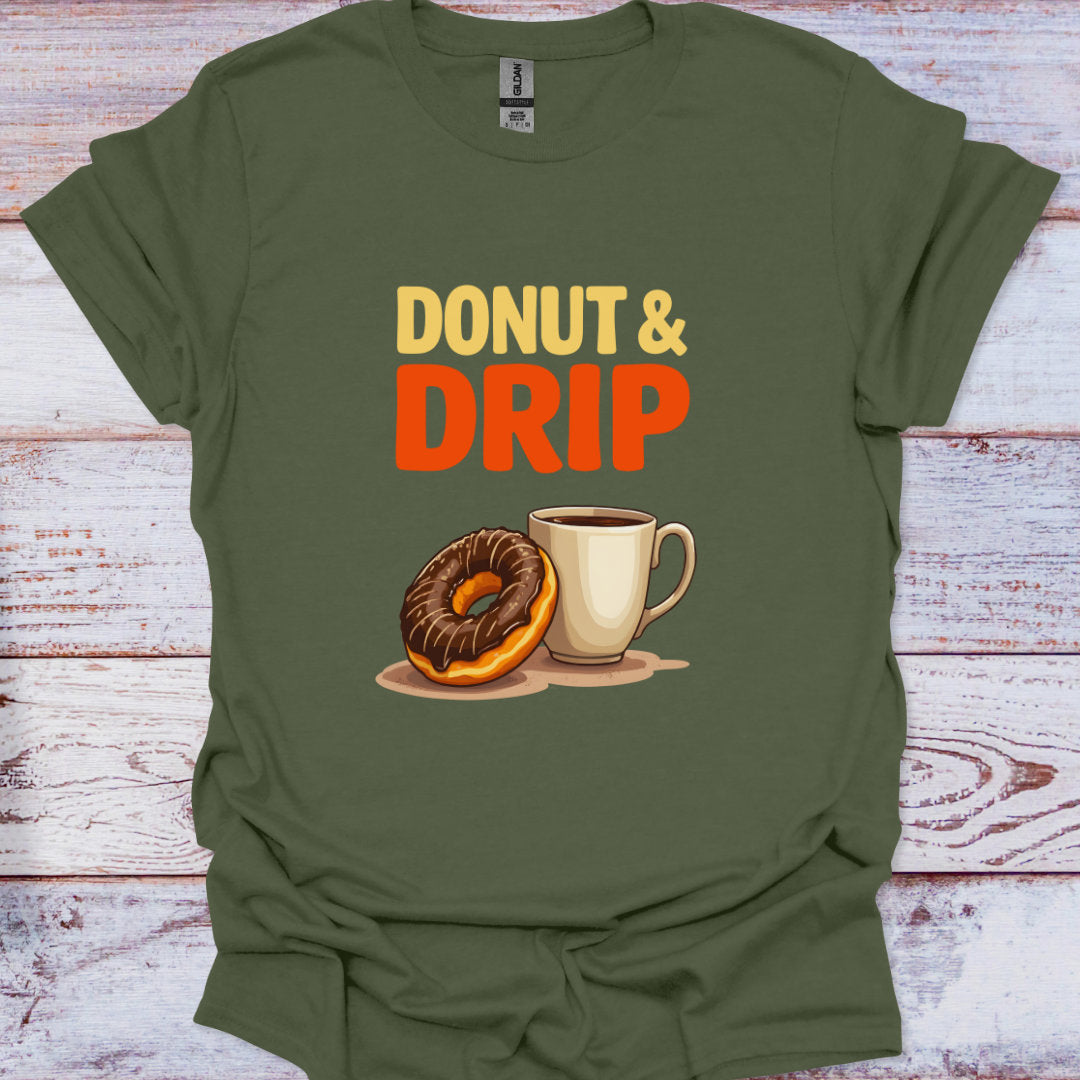 Green t-shirt with 'Donut & Drip' graphic on a wooden surface