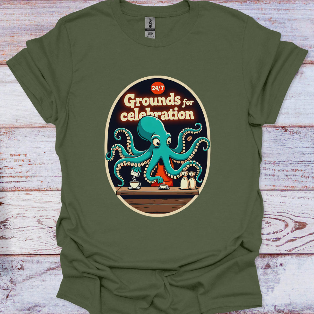 Green t-shirt with an octopus graphic and 'Grounds for celebration' text on a wooden surface