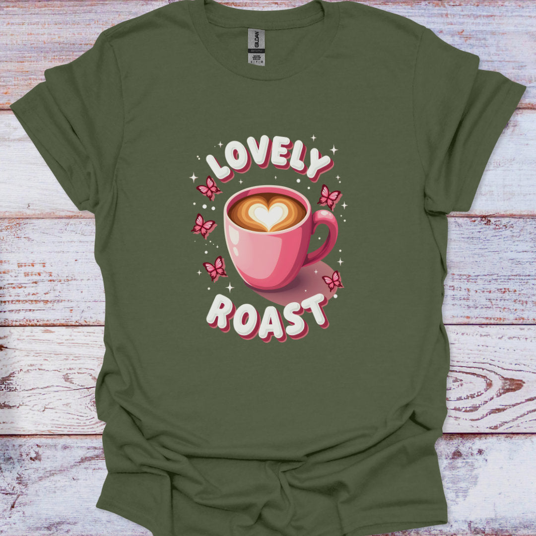 Green t-shirt with a pink coffee cup graphic and 'Lovely Roast' text on a wooden surface