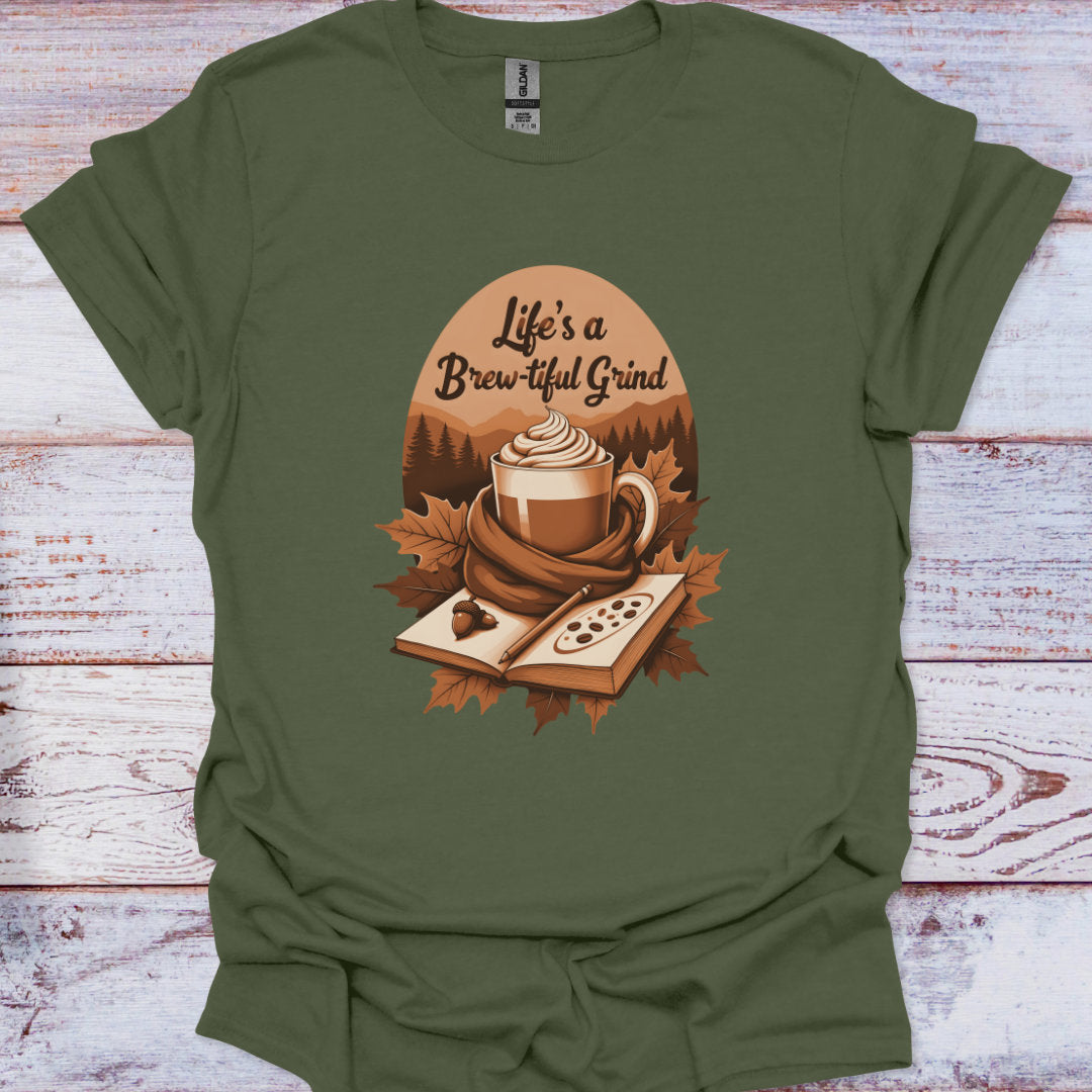 Green t-shirt with a coffee-themed graphic and text on a wooden surface