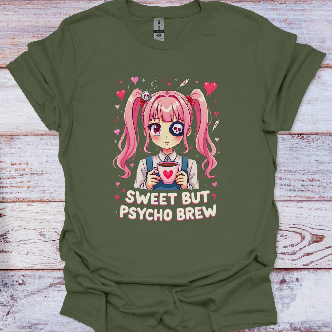 Green t-shirt with anime character holding a cup and text 'Sweet But Psycho Brew' on a wooden surface.