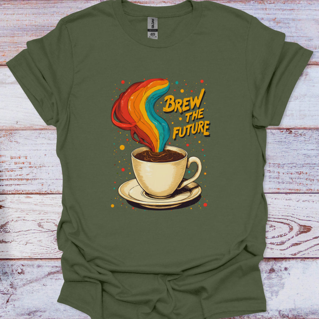 Green t-shirt with a coffee cup graphic and 'Brew the Future' text on a wooden surface